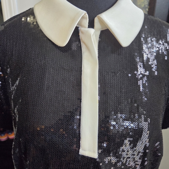 Ann Taylor Black Sequin Collared Asymmetrical Dress Size 12 - Picture 4 of 6